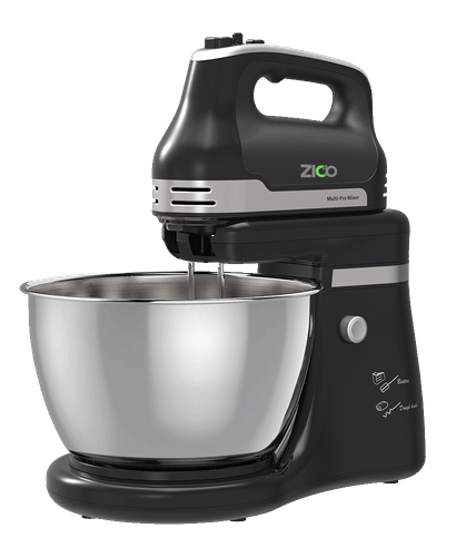 همزن رومیزی زیکو مدل ZC-8839 با کاسه استیل و سری خمیرزن روی پیشخوان آشپزخانه